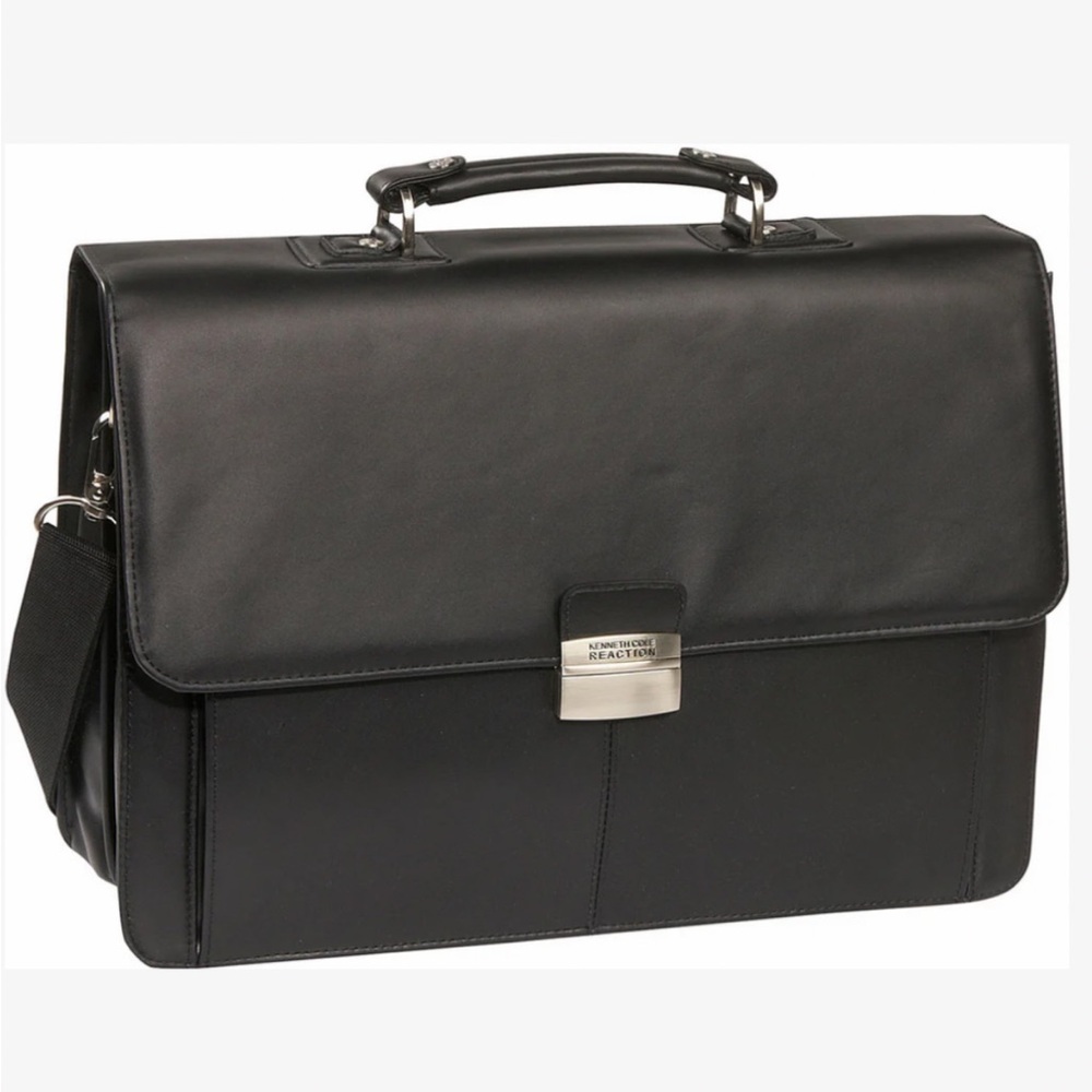 Kenneth Cole Reaction Black Leather Business Briefcase Computer Bag With Strap